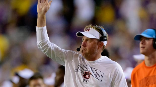 Oct 14, 2023; Baton Rouge, Louisiana, USA; Auburn Tigers head coach Hugh Freeze reacts to a holding call against Auburn during the second quarter against the LSU Tigers at Tiger Stadium. Mandatory Credit: Matthew Hinton-USA TODAY Sports  