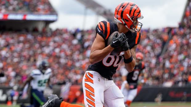Cincinnati Bengals wide receiver Andrei Iosivas (80) catches a pass in the end zone for a touchdown in the second quarter of the NFL Week 6 game between the Cincinnati Bengals and the Seattle Seahawks at Paycor Stadium in downtown Cincinnati on Sunday, Oct. 15, 2023.