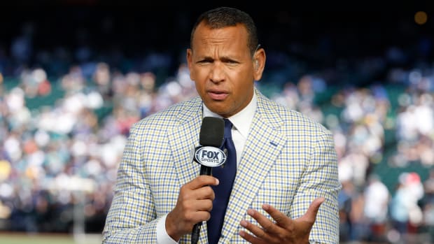 Jul 11, 2023; Seattle, Washington, USA; FOX Sports analyst Alex Rodriguez talks before before the 2023 MLB All Star Game at T-Mobile Park.