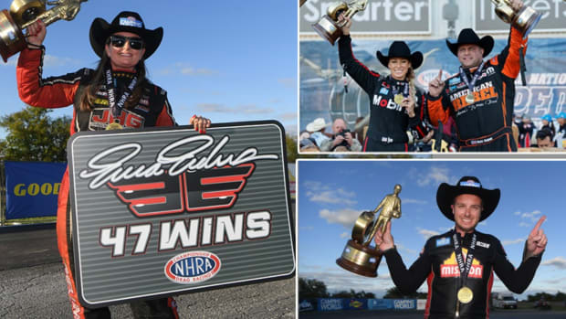 Sunday's NHRA winners at the FallNationals near Dallas Texas (clockwise, from left): Erica Enders wins in Pro Stock, becoming the winningest female drag racer in history, now with 47 wins; Leah Pruett (aka Mrs. Tony Stewart) and teammate Matt Hagan won Top Fuel and Funny Car, respectively; and Gaige Hererra continues to dominate Pro Stock Motorcycle. Photos courtesy NHRA.