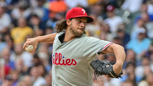 Sep 2, 2023; Milwaukee, Wisconsin, USA; Philadelphia Phillies pitcher Aaron Nola (27) pitches in the first inning against the Milwaukee Brewers at American Family Field. Mandatory Credit: Benny Sieu-USA TODAY Sports