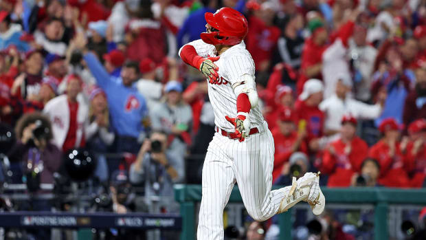 Phillies outfielder Nick Castellanos hits a home run in Game 1 of the NLCS vs. the Diamondbacks.