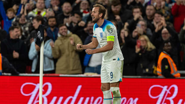 Harry Kane pictured celebrating after scoring his 24th Wembley goal for England in a 3-1 win over Italy in October 2023