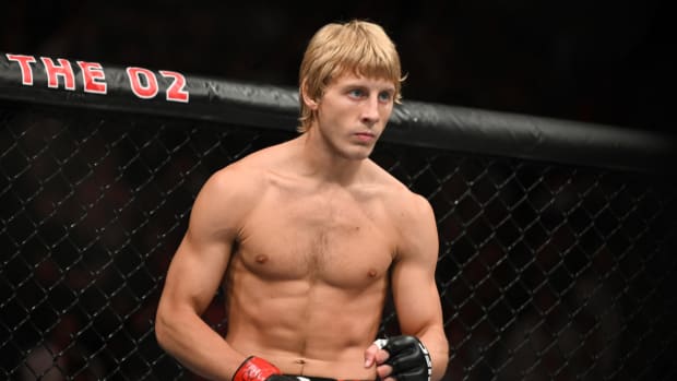Paddy Pimblett stares down his opponent during a UFC fight.