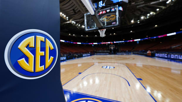 Mar 4, 2023; Greenville, SC, USA; General view of the SEC logo with court at Bon Secours Wellness Arena. Mandatory Credit: David Yeazell-USA TODAY Sports