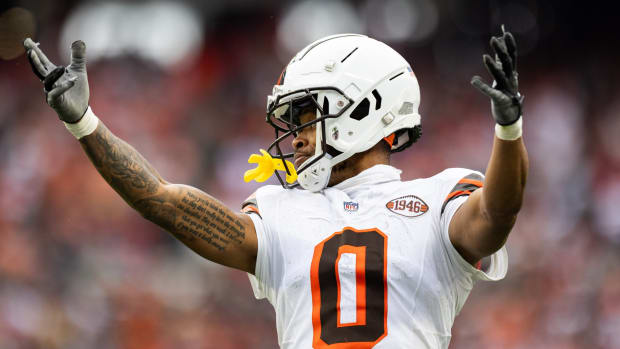 Oct 15, 2023; Cleveland, Ohio, USA; Cleveland Browns cornerback Greg Newsome II (0) signals to the crowd to make some noise during the third quarter against the San Francisco 49ers at Cleveland Browns Stadium. Mandatory Credit: Scott Galvin-USA TODAY Sports