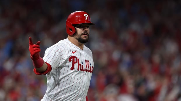 Oct 17, 2023; Philadelphia, Pennsylvania, USA; Philadelphia Phillies left fielder Kyle Schwarber (12) reacts after hitting a home run against the Arizona Diamondbacks in the sixth inning for game two of the NLCS for the 2023 MLB playoffs at Citizens Bank Park. Mandatory Credit: Bill Streicher-USA TODAY Sports