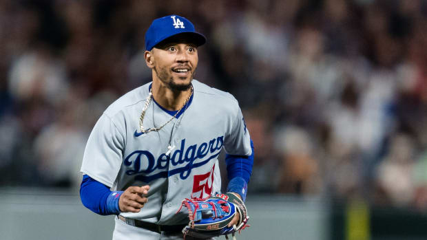 Sep 29, 2023; San Francisco, California, USA; Los Angeles Dodgers second baseman Mookie Betts (50) reacts after a double play against the San Francisco Giants during the sixth inning at Oracle Park.