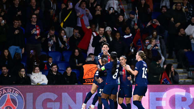 Paris Saint-Germain's players pictured celebrating a goal during a 3-1 win over Manchester United in the UEFA Women's Champions League in October 2023