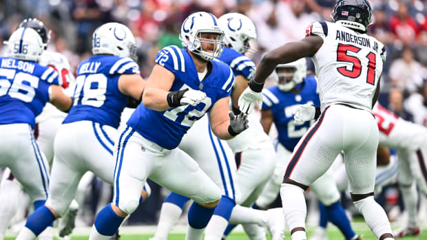 Sep 17, 2023; Houston, Texas, USA; Indianapolis Colts offensive tackle Braden Smith (72) in action during the first half against the Houston Texans at NRG Stadium.