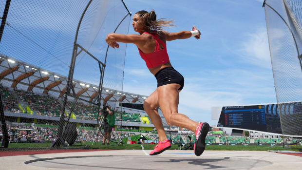 Valarie Allman winds up for a throw in women’s discus during the Prefontaine Classic at Hayward Field.