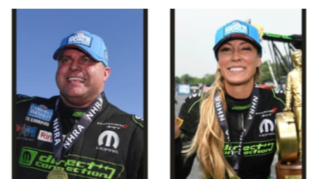 Funny Car points leader Matt Hagan (left) and Top Fuel points leader Leah Pruett (right) were part of the preview media conference for next weekend's penultimate race of the season, the NHRA Nevada Nationals at The Strip at Las Vegas Motor Speedway. Video courtesy NHRA.