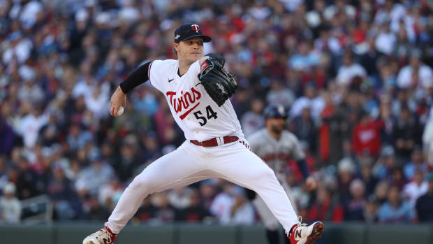 Oct 10, 2023; Minneapolis, Minnesota, USA; Minnesota Twins starting pitcher Sonny Gray (54) pitches in the first inning against the Houston Astros during game three of the ALDS for the 2023 MLB playoffs at Target Field.