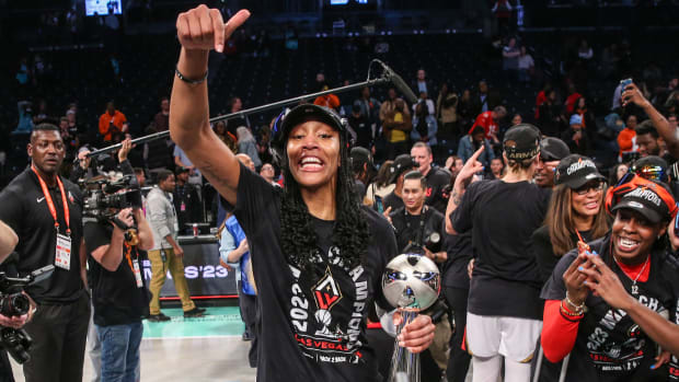 Las Vegas Aces forward A’ja Wilson celebrates after winning the 2023 WNBA Finals at Barclays Center.