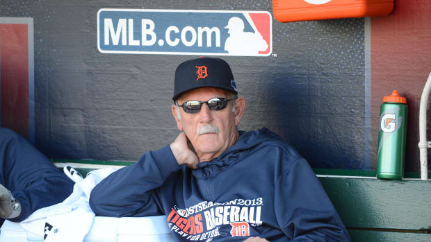 October 4, 2013; Oakland, CA, USA; Detroit Tigers manager Jim Leyland (10) sits in the dugout before game one of the American League divisional series playoff baseball game against the Oakland Athletics at O.co Coliseum.