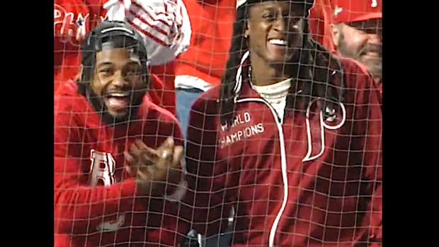Philadelphia Eagles D'Andre Swift and Terrell Edmunds attend Game 2 of the National League Championship Series to support the Phillies at Citizens Bank Park.