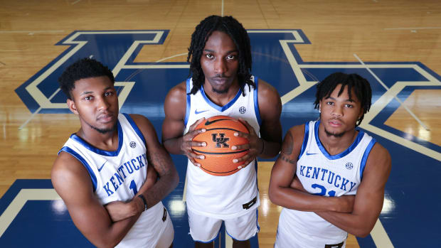 (L-R). UK freshmen Justin Edwards (1) Aaron Bradshaw (2) and D.J. Wagner (21) at their practice facility in Lexington, Ky. on Oct. 5 2023. They are all from Phladelphia.