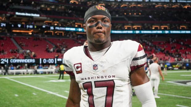 Oct 15, 2023; Atlanta, Georgia, USA; Washington Commanders wide receiver Terry McLaurin (17) after a game against the Atlanta Falcons at Mercedes-Benz Stadium.
