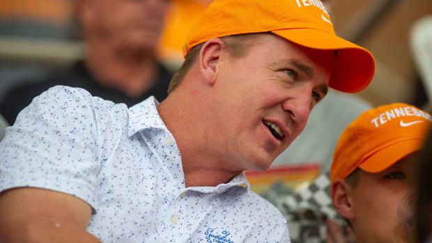 Former Tennessee quarterback Peyton Manning at the Volunteers' 8-6 loss to Notre Dame in Game 1 of their Super Regional on June 10, 2022.