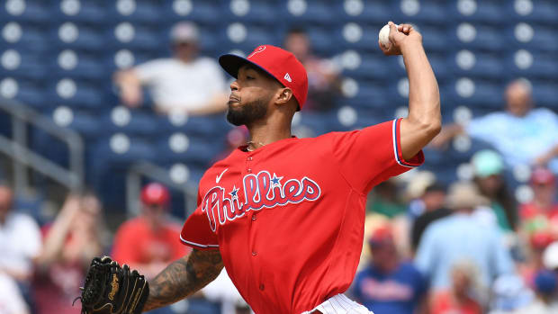 Mar 23, 2022; Clearwater, Florida, USA; Philadelphia Phillies pitcher Christopher Sanchez (61) throws a pitch in the first inning of the game against the Toronto Blue Jays during spring training at BayCare Ballpark. Mandatory Credit: Jonathan Dyer-USA TODAY Sports