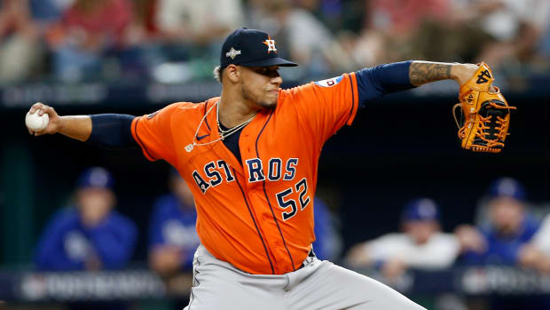Astros pitcher Bryan Abreu pitches during Houston's 8-5 win over the Rangers in Game 3 of the ALCS on Oct. 18, 2023.