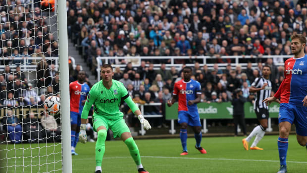 Crystal Palace keeper Sam Johnstone pictured looking on helplessly after being beaten by a stunning lob from Newcastle winger Jacob Murphy (second from right) in an EPL game in October 2023