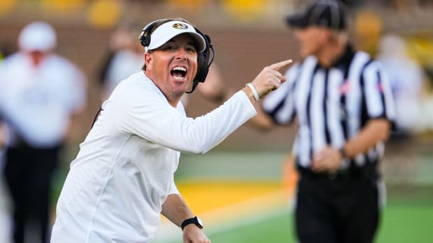 Missouri Tigers head coach Eliah Drinkwitz reacts during the second half against the South Carolina Gamecocks at Faurot Field at Memorial Stadium.