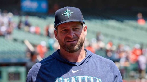 Seattle Mariners bullpen coach and quality control coach Stephen Vogt walks on the field before the game against the SF Giants at Oracle Park. (2023)