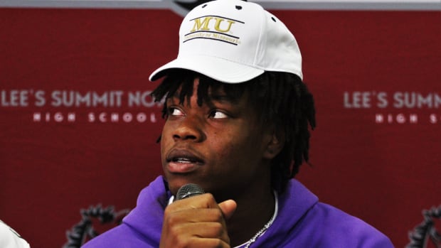 Five-star defensive lineman prospect Williams Nwaneri listens to a question from the media after committing to the university of Missouri on August 14, 2023, in Lee's Summit, Mo.