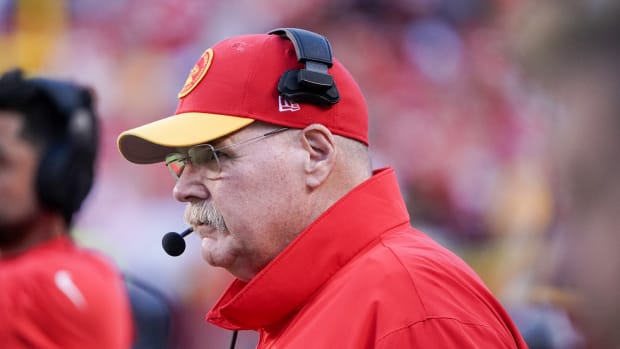 Oct 22, 2023; Kansas City, Missouri, USA; Kansas City Chiefs head coach Andy Reid watches play against the Los Angeles Chargers during the second half at GEHA Field at Arrowhead Stadium. Mandatory Credit: Denny Medley-USA TODAY Sports  