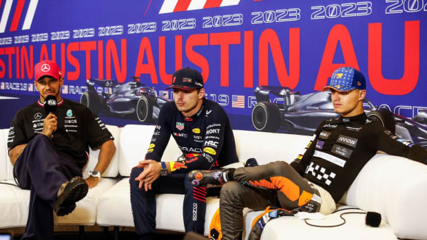 Sunday's F1 podium finishers at Circuit of the Americas (from left): runner-up Lewis Hamilton, winner Max Verstappen and third-place finisher Lando Norris. Photo courtesy F1.