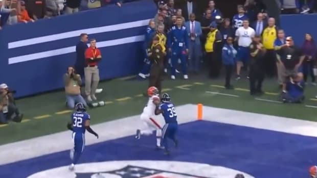 A late pass interference penalty is called against the Colts.