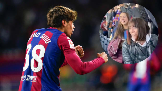 Marc Guiu pictured (left) celebrating after scoring his first goal for Barcelona in October 2023, while his mother (right) and sister are seen crying in the crowd
