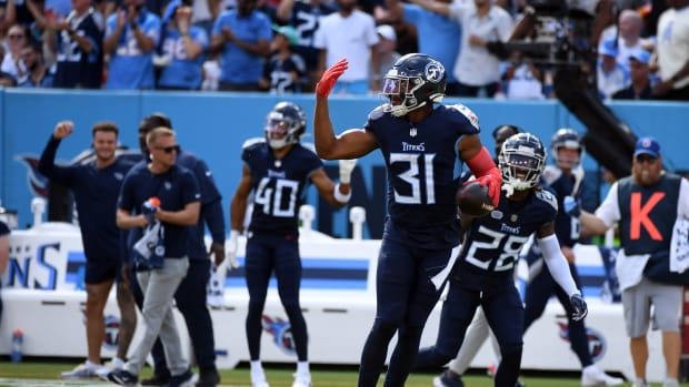 Oct 1, 2023; Nashville, Tennessee, USA; Tennessee Titans safety Kevin Byard (31) celebrates after recovering a fumble during the second half against the Cincinnati Bengals at Nissan Stadium.