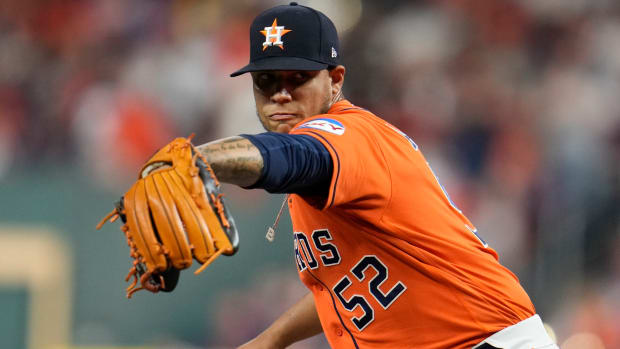 Houston Astros relief pitcher Bryan Abreu throws during the eighth inning of Game 6 of the baseball AL Championship Series against the Texas Rangers.