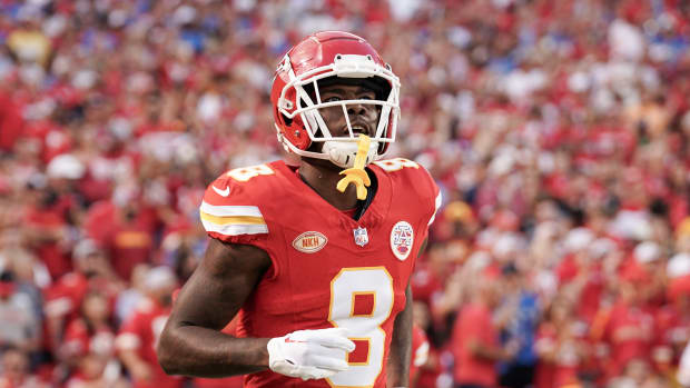 Sep 7, 2023; Kansas City, Missouri, USA; Kansas City Chiefs wide receiver Justyn Ross (8) runs onto the field against the Detroit Lions prior to a game at GEHA Field at Arrowhead Stadium. Mandatory Credit: Denny Medley-USA TODAY Sports  
