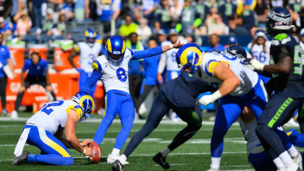 Sep 10, 2023; Seattle, Washington, USA; Los Angeles Rams place kicker Brett Maher (8) kicks a field goal during the second half at Lumen Field.