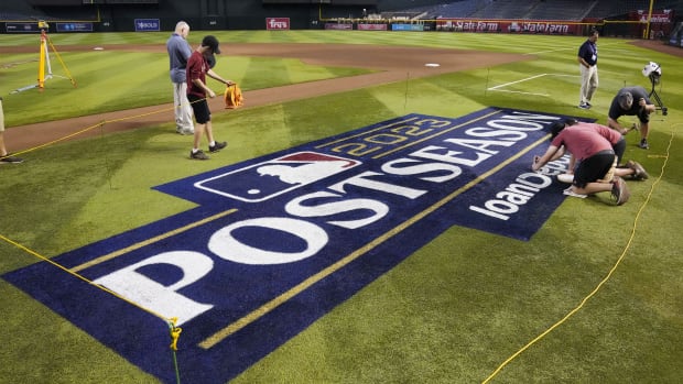 The 2023 Postseason field logo is painted for the NLCS Game 3 at Chase Field in Phoenix on Oct. 18, 2023.