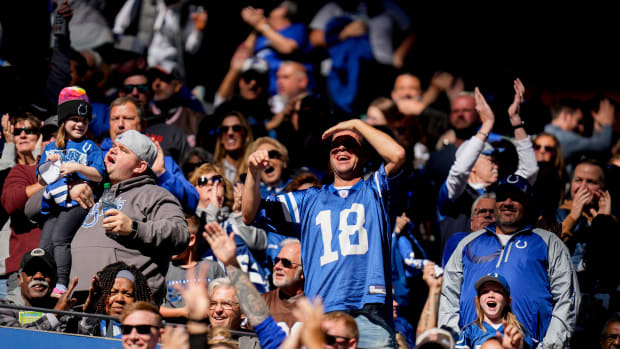 Indianapolis Colts fans celebrate a touchdown by Indianapolis Colts wide receiver Josh Downs (1) on Sunday, Oct. 22, 2023, during a game against the Cleveland Browns at Lucas Oil Stadium in Indianapolis.