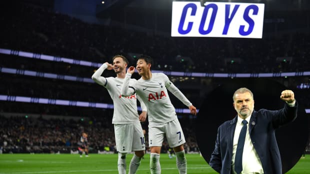 James Maddison, Son Heung-min and Ange Postecoglou (left to right) pictured celebrating during Tottenham's 2-0 win over Fulham in October 2023