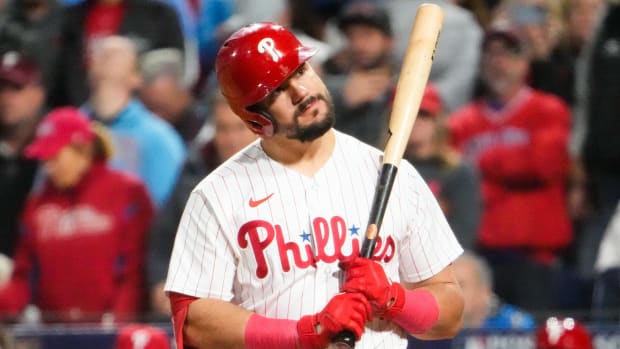 Phillies left fielder Kyle Schwarber looks perplexed while hitting against the Diamondbacks in Game 6 of the 2023 NLCS