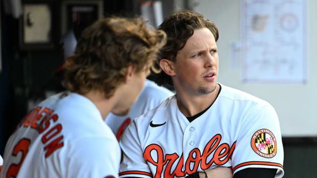 Oct 7, 2023; Baltimore, Maryland, USA; Baltimore Orioles catcher Adley Rutschman (35) stands with third baseman Gunnar Henderson (2) in the dugout during game one of the ALDS for the 2023 MLB playoffs against the Texas Rangers at Oriole Park at Camden Yards. Mandatory Credit: Tommy Gilligan-USA TODAY Sports