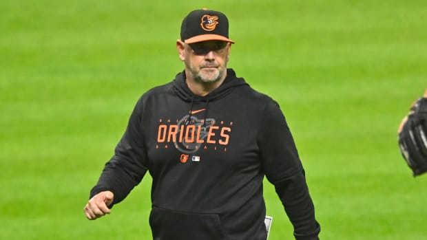 Sep 21, 2023; Cleveland, Ohio, USA; Baltimore Orioles manager Brandon Hyde (18) walks on the field during a pitching change in the seventh inning against the Cleveland Guardians at Progressive Field. Mandatory Credit: David Richard-USA TODAY Sports