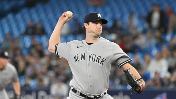 Sep 27, 2023; Toronto, Ontario, CAN; New York Yankee starting pitcher Gerrit Cole (45) delivers a pitch against the Toronto Blue Jays in the first inning at Rogers Centre. Mandatory Credit: Dan Hamilton-USA TODAY Sports
