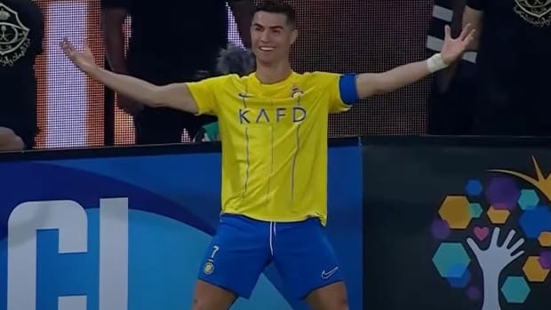 Cristiano Ronaldo pictured celebrating after scoring his second goal of the game in Al Nassr's 4-3 win over Al-Duhail in October 2023