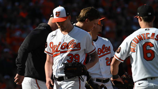 Oct 7, 2023; Baltimore, Maryland, USA; Baltimore Orioles starting pitcher Kyle Bradish (39) walks to the dugout after being relieved during the fifth inning against the Texas Rangers in game one of the ALDS for the 2023 MLB playoffs at Oriole Park at Camden Yards. Mandatory Credit: Tommy Gilligan-USA TODAY Sports