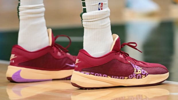 Shoes worn by Milwaukee Bucks forward Giannis Antetokounmpo (34)