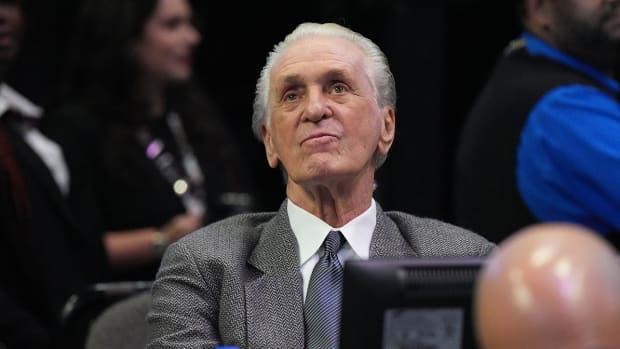 Heat team president Pat Riley looks on during the first half of a game against the Spurs at FTX Arena.