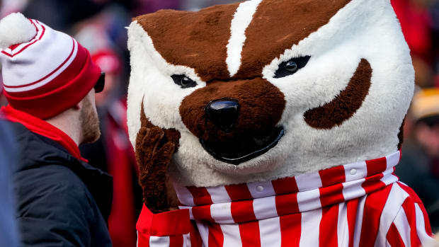 Nov 19, 2022; Lincoln, Nebraska, USA; Bucky Badger reacts after a play by the Wisconsin Badgers during the third quarter against the Nebraska Cornhuskers at Memorial Stadium. Mandatory Credit: Dylan Widger-USA TODAY Sports