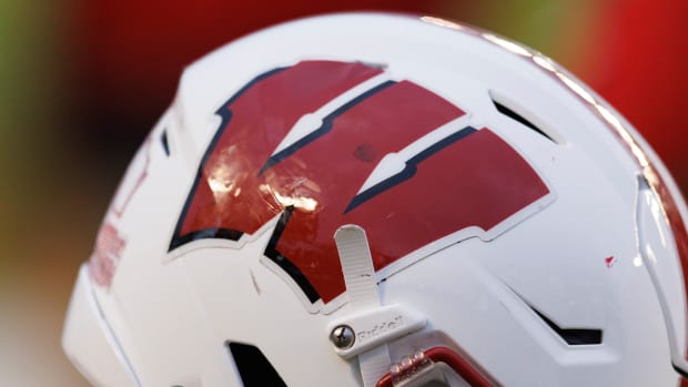 Oct 14, 2023; Madison, Wisconsin, USA; General view of a Wisconsin Badgers helmet during the game against the Iowa Hawkeyes at Camp Randall Stadium. Mandatory Credit: Jeff Hanisch-USA TODAY Sports
